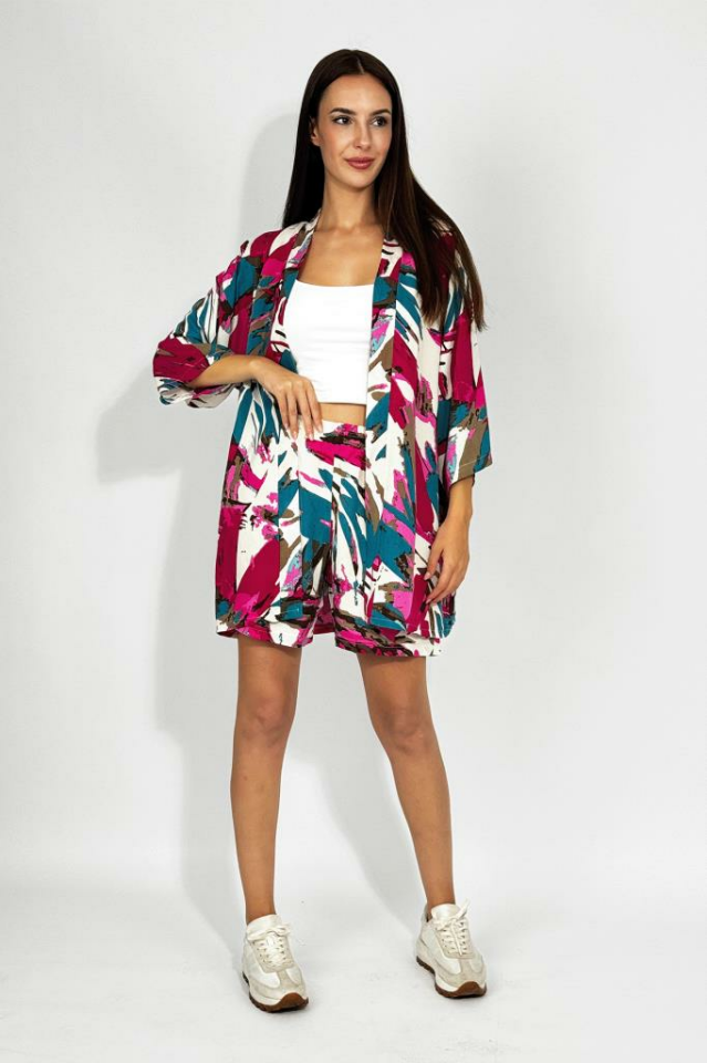 Dokuma Viskon Rahat Kesim Kimono Şort Alt Üst Takım Fuşya - XL