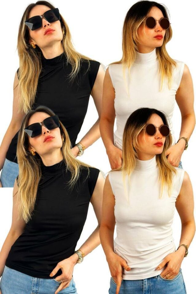 Kadın 4lü Yarım Balıkçı Kolsuz Sıfır Kol Body Siyah Beyaz - S/M