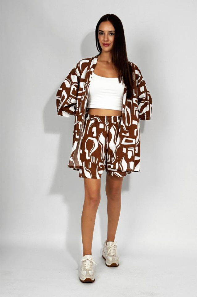 Dokuma Viskon Rahat Kesim Kimono Şort Alt Üst Takım Kahve - 2XL