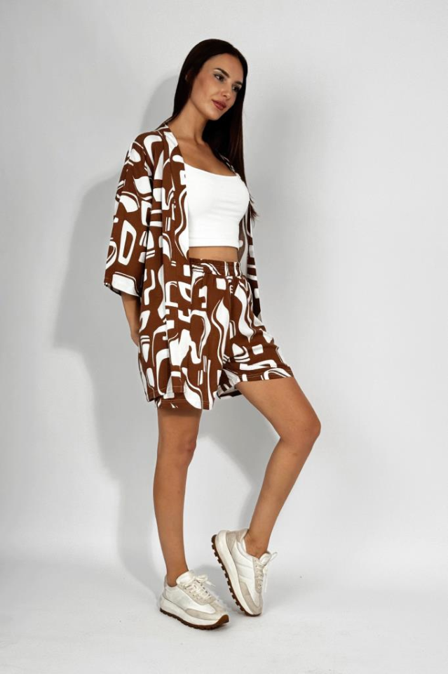 Dokuma Viskon Rahat Kesim Kimono Şort Alt Üst Takım Kahve - 2XL