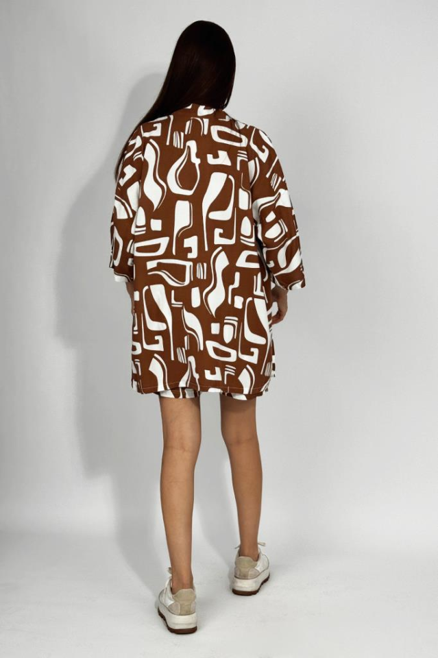 Dokuma Viskon Rahat Kesim Kimono Şort Alt Üst Takım Kahve - 2XL