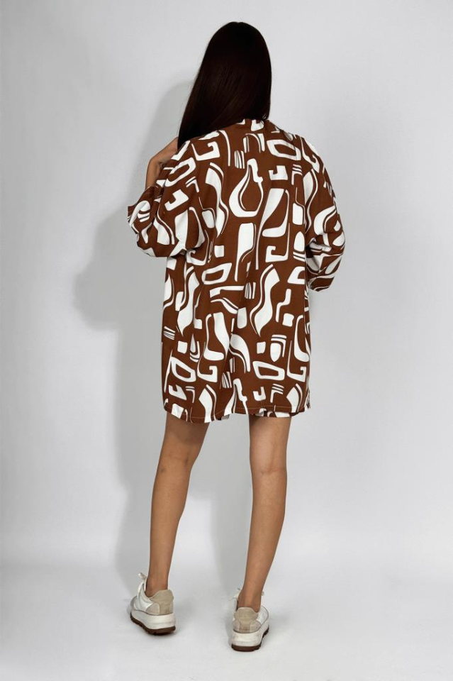 Dokuma Viskon Rahat Kesim Kimono Şort Alt Üst Takım Kahve - 2XL