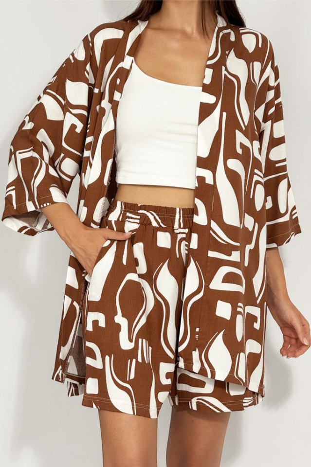 Dokuma Viskon Rahat Kesim Kimono Şort Alt Üst Takım Kahve - 2XL