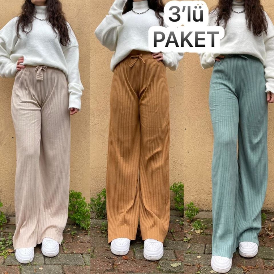 3'lü Paket Kadın Fitilli Çizgili Penye Raporlu Pamuklu Pijama Altı Eşofman Bej Hardal Sarısı Mint Yeşili - Tek Ebat