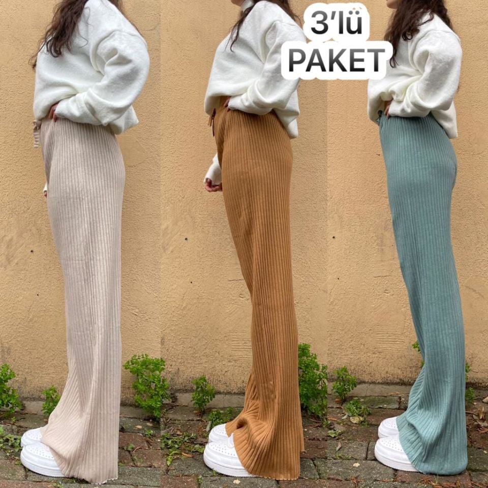 3'lü Paket Kadın Fitilli Çizgili Penye Raporlu Pamuklu Pijama Altı Eşofman Bej Hardal Sarısı Mint Yeşili - Tek Ebat