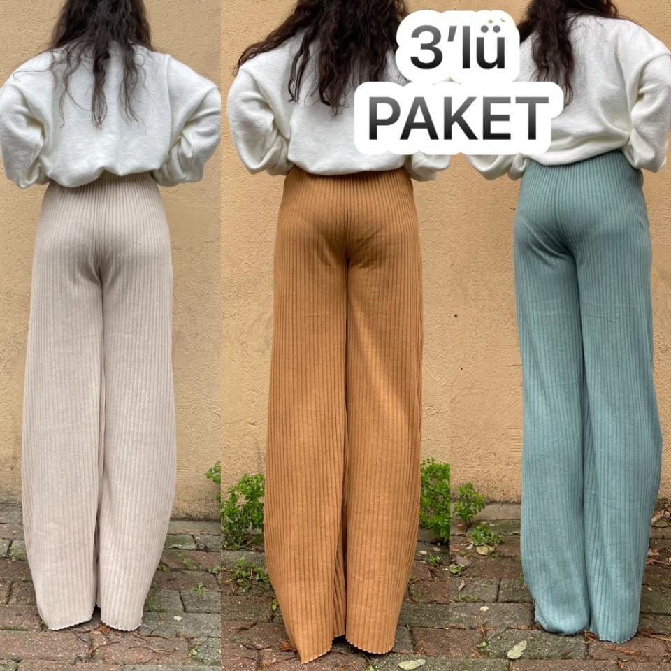 3'lü Paket Kadın Fitilli Çizgili Penye Raporlu Pamuklu Pijama Altı Eşofman Bej Hardal Sarısı Mint Yeşili - Tek Ebat