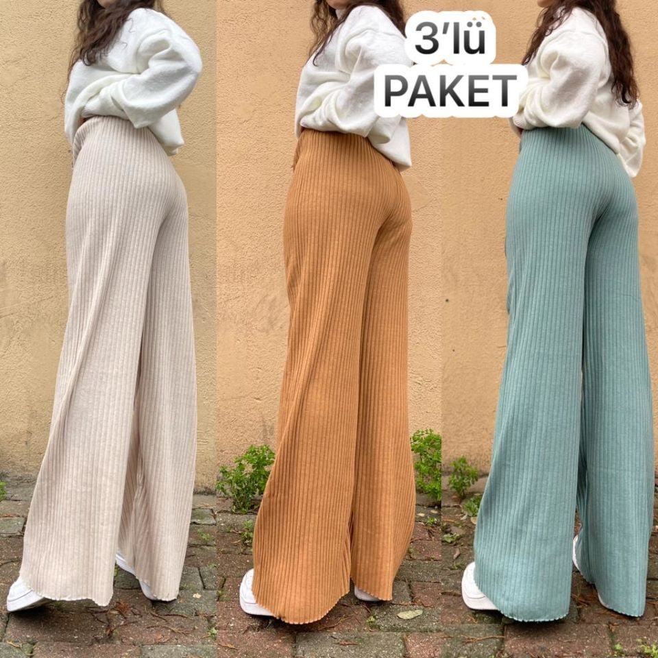 3'lü Paket Kadın Fitilli Çizgili Penye Raporlu Pamuklu Pijama Altı Eşofman Bej Hardal Sarısı Mint Yeşili - Tek Ebat
