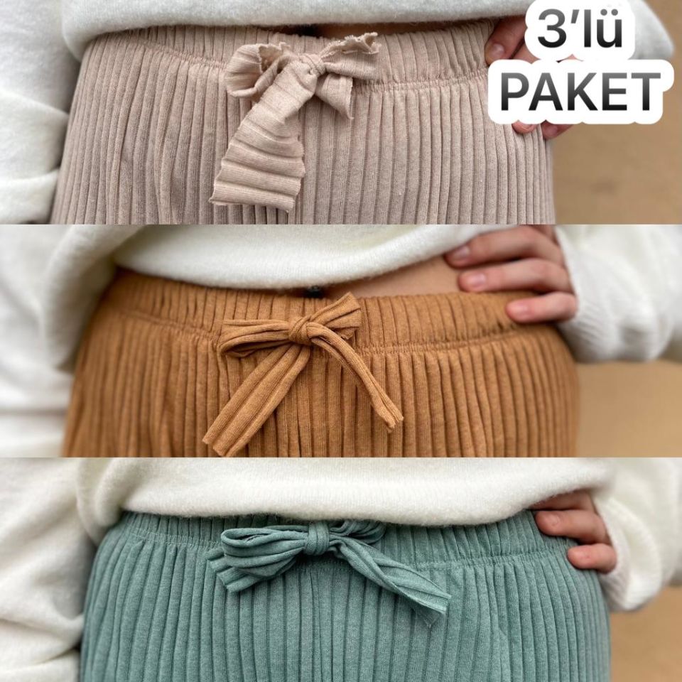 3'lü Paket Kadın Fitilli Çizgili Penye Raporlu Pamuklu Pijama Altı Eşofman Bej Hardal Sarısı Mint Yeşili - Tek Ebat