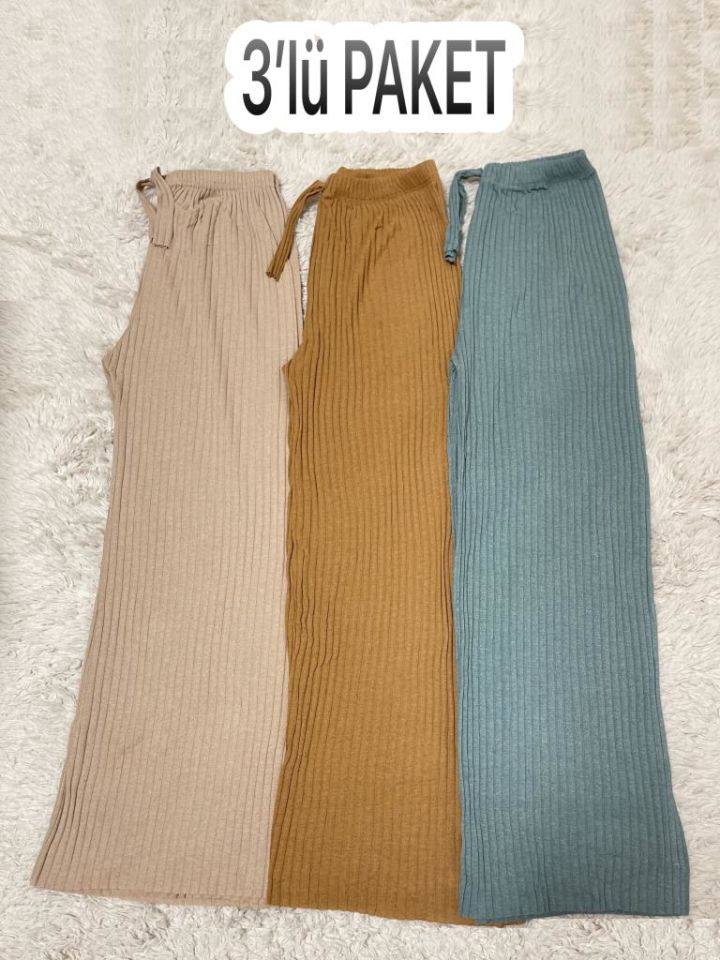 3'lü Paket Kadın Fitilli Çizgili Penye Raporlu Pamuklu Pijama Altı Eşofman Bej Hardal Sarısı Mint Yeşili - Tek Ebat