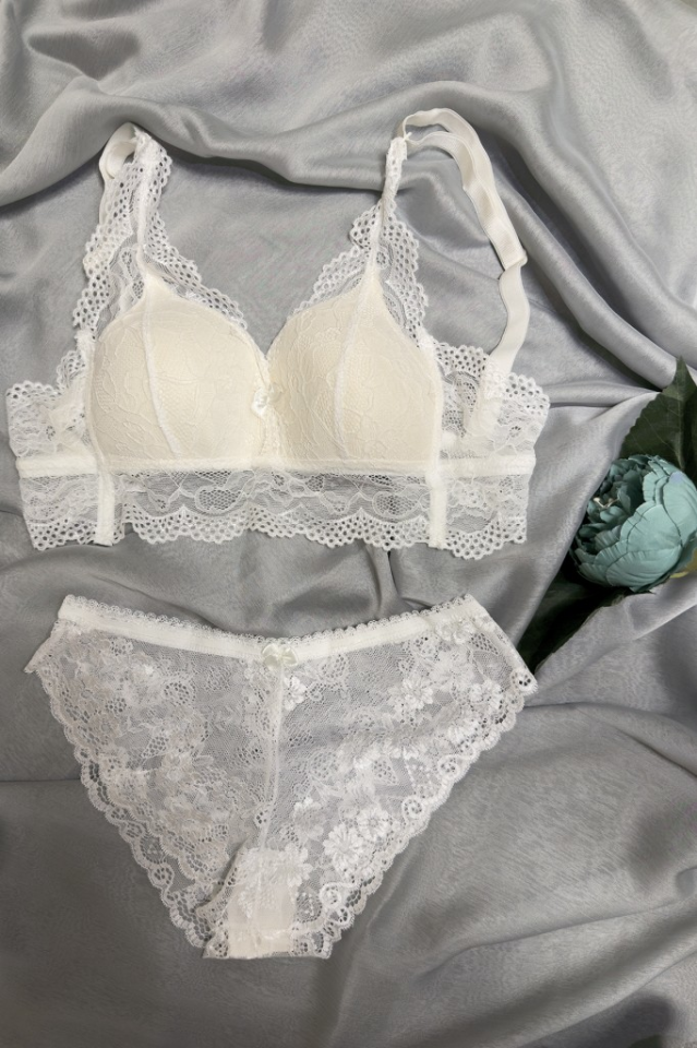 Kadın Üçgen Dantel Bralet Desteksiz Sütyen Takım Pudra - 85