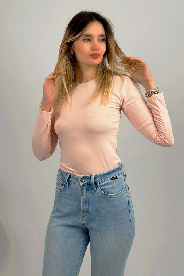 Kadın Uzun Kollu Bisiklet Yaka Body 1 Adet Toz Pembe - S/M