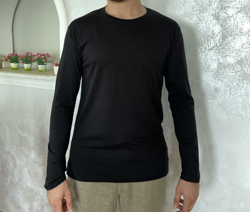 Erkek Elastan Bisiklet Yaka Uzun Kol 2 Adet T-Shirt SİYAH - M