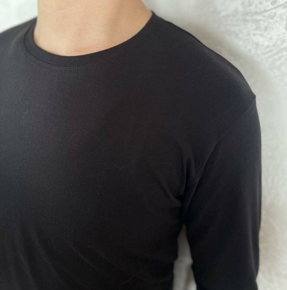 Erkek Elastan Bisiklet Yaka Uzun Kol 2 Adet T-Shirt SİYAH - M