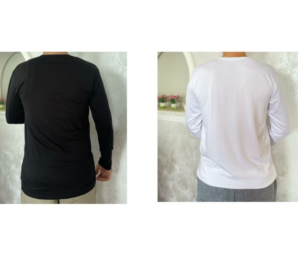 Erkek Elastan Bisiklet Yaka Uzun Kol 2 Adet T-Shirt Siyah Beyaz - M