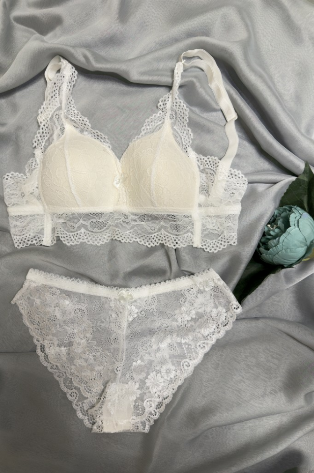 Kadın Üçgen Dantel Bralet Desteksiz Sütyen Takım EKRU - 75