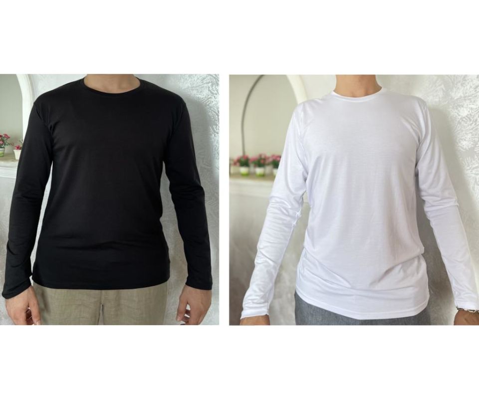 Erkek Elastan Bisiklet Yaka Uzun Kol 2 Adet T-Shirt Siyah Beyaz - XL