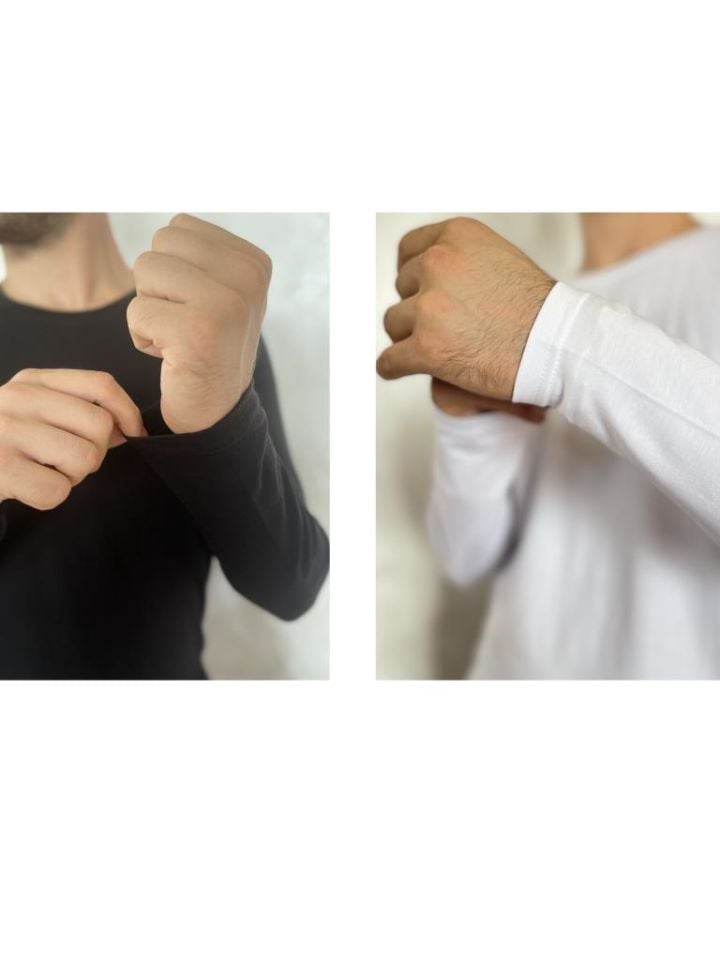 Erkek Elastan Bisiklet Yaka Uzun Kol 2 Adet T-Shirt Siyah Beyaz - XL
