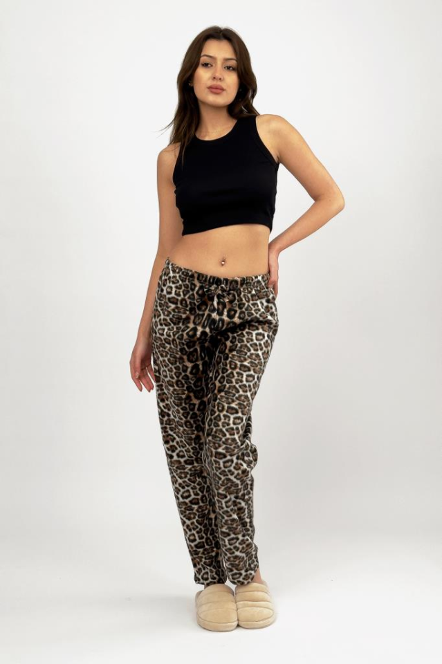 Kadın Polar Pijama Altı Kışlık Lastikli Bel Tek Alt Leopar - S