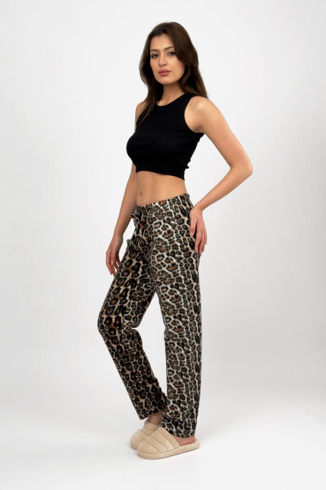 Kadın Polar Pijama Altı Kışlık Lastikli Bel Tek Alt Leopar - S