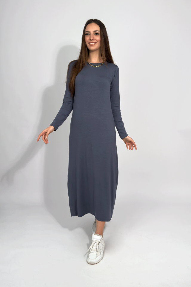 Kadın Yazlık Uzun Kollu Viskon Midi Boy Bisiklet Yaka Elbise Füme - 2XL/3XL