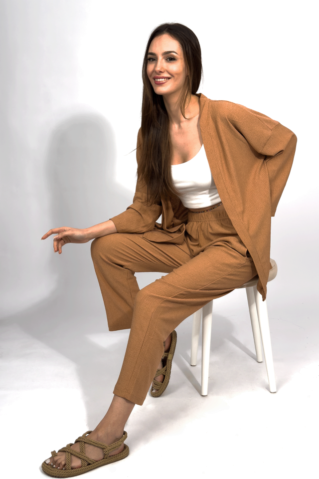 Kadın Pantolonlu Alt Üst İkili Kimono Takım Rahat Kalıp Krem - XL