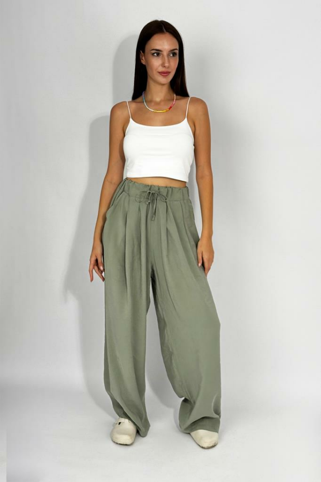 Kadın Dokuma Modal Beli Lastikli Geniş Paça Cepli İpli Palazzo Pantolon Çağla Yeşili - M