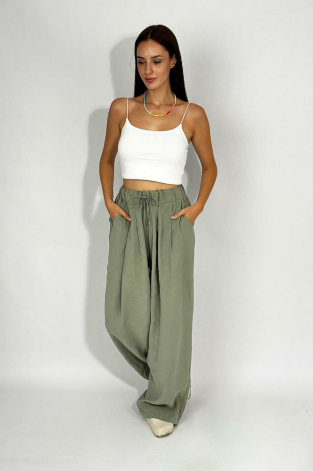 Kadın Dokuma Modal Beli Lastikli Geniş Paça Cepli İpli Palazzo Pantolon Çağla Yeşili - M