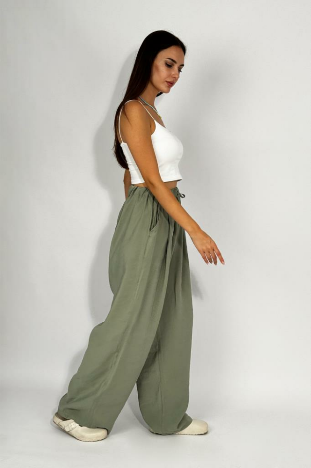 Kadın Dokuma Modal Beli Lastikli Geniş Paça Cepli İpli Palazzo Pantolon Çağla Yeşili - M