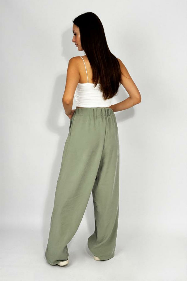 Kadın Dokuma Modal Beli Lastikli Geniş Paça Cepli İpli Palazzo Pantolon Çağla Yeşili - M