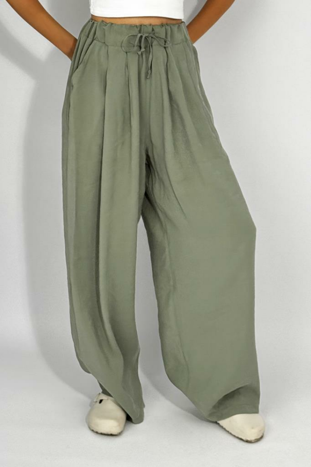 Kadın Dokuma Modal Beli Lastikli Geniş Paça Cepli İpli Palazzo Pantolon Çağla Yeşili - M