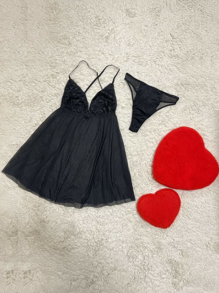 Siyah Dantel Detaylı Tül Babydoll Takım SİYAH - L