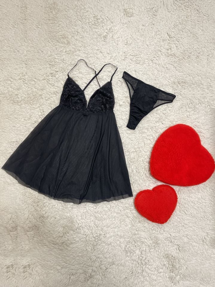 Siyah Dantel Detaylı Tül Babydoll Takım SİYAH - XL