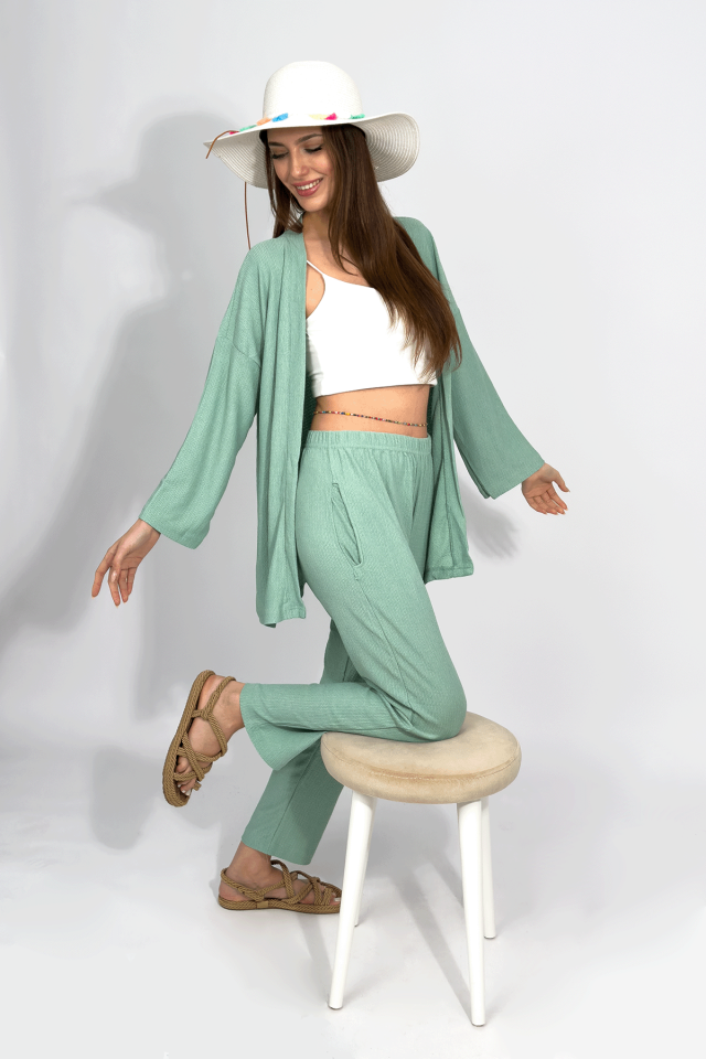 Kadın Pantolonlu Alt Üst İkili Kimono Takım Rahat Kalıp Mint Yeşili - XL