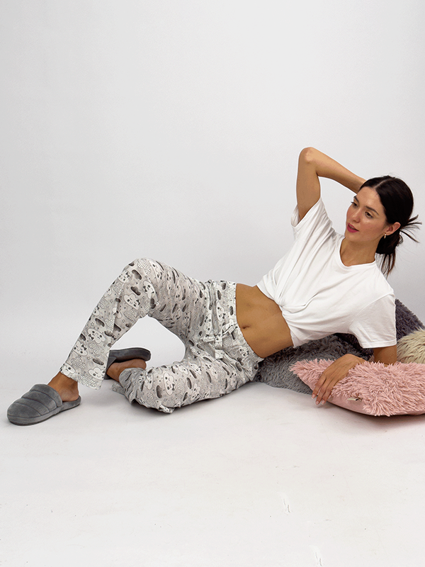 Kadın Lastikli Bel %100 Pamuk Kurdeleli Desenli Pijama Altı XXL - Gri Bulut