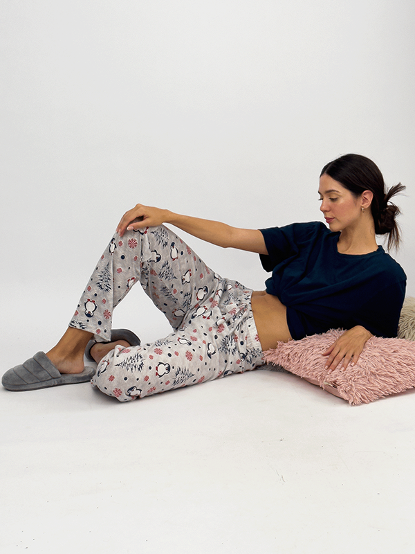 Kadın Lastikli Bel %100 Pamuk Kurdeleli Desenli Pijama Altı S - Gri Penguen