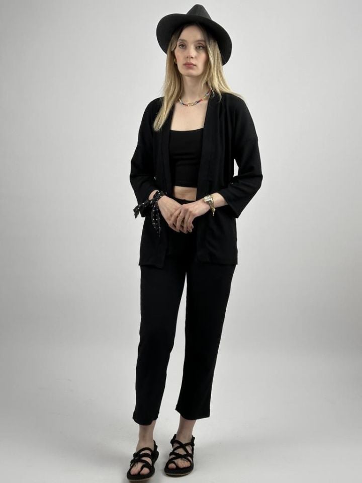 Kadın Pantolonlu Alt Üst İkili Kimono Takım Rahat Kalıp SİYAH - M