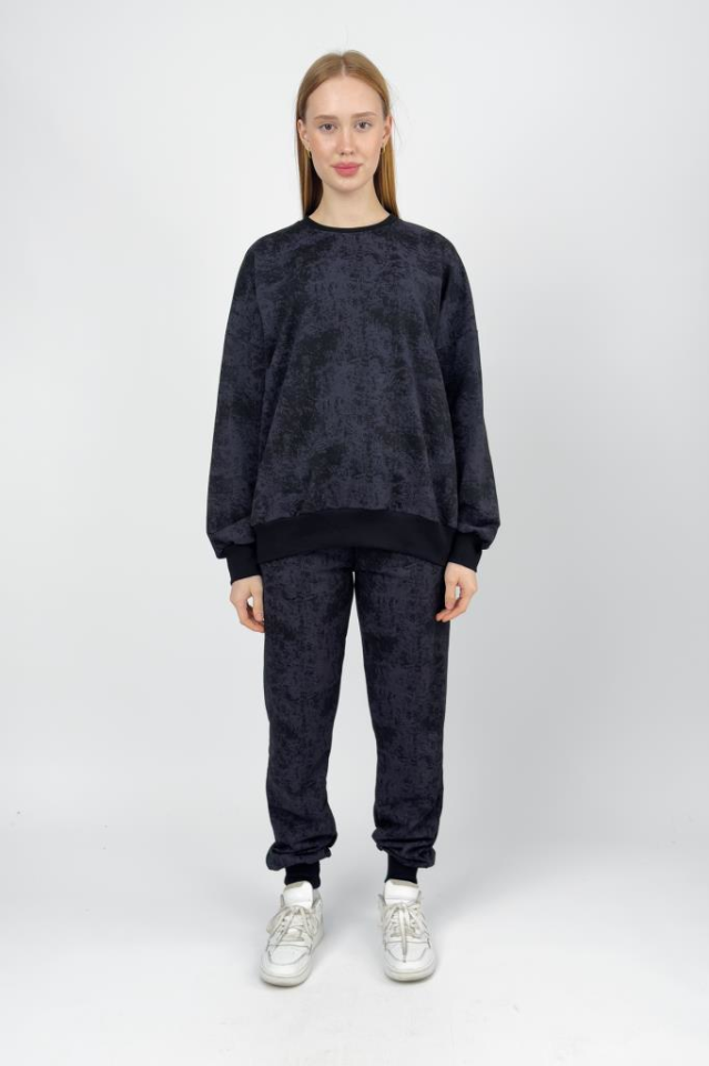 Kadın Pamuklu 2 İplik Lastikli Bel Desenli Eşofman Takımı Siyah - XL