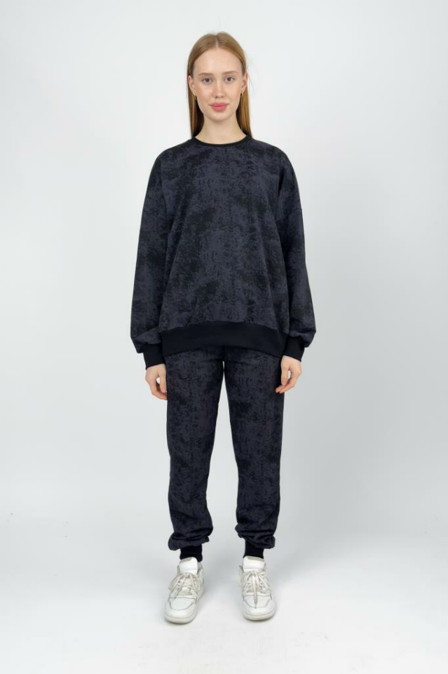 Kadın Pamuklu 2 İplik Lastikli Bel Desenli Eşofman Takımı Siyah - 3XL