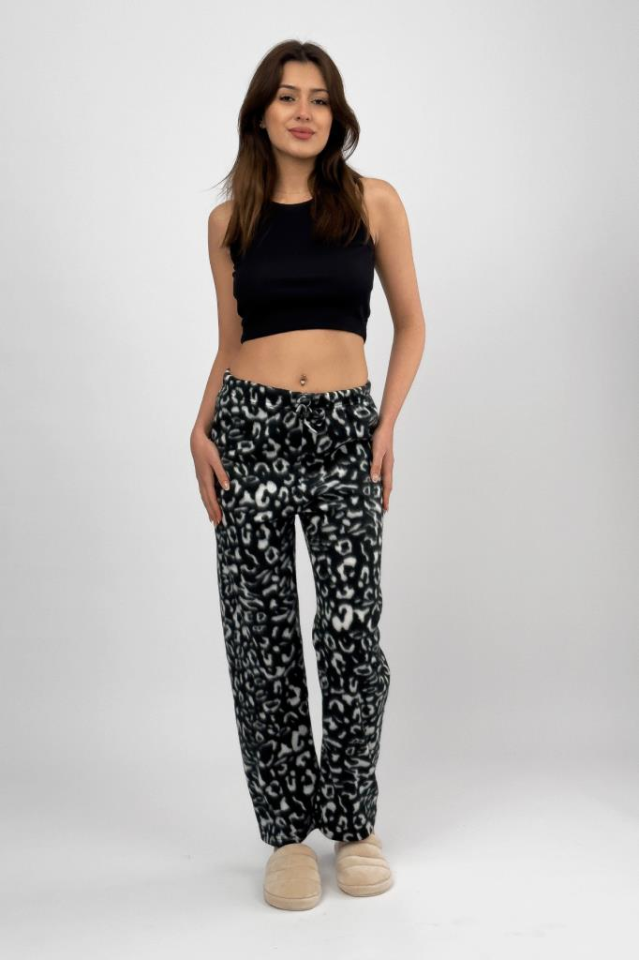 Kadın Polar Pijama Altı Kışlık Lastikli Bel Tek Alt Siyah Leopar - S