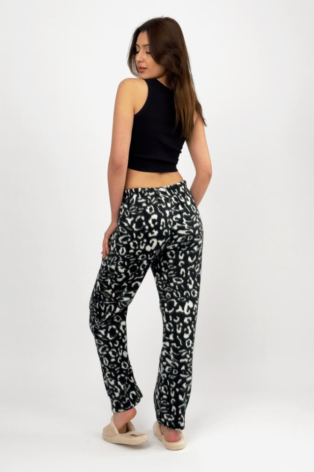 Kadın Polar Pijama Altı Kışlık Lastikli Bel Tek Alt Siyah Leopar - S