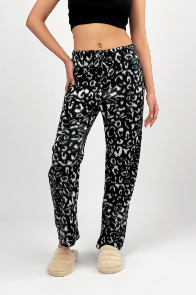 Kadın Polar Pijama Altı Kışlık Lastikli Bel Tek Alt Siyah Leopar - S