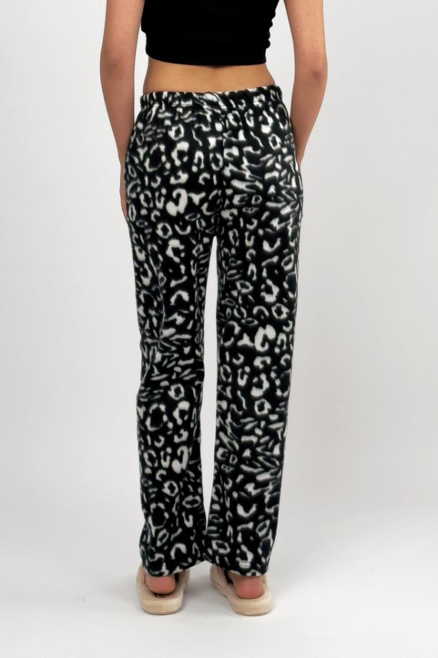 Kadın Polar Pijama Altı Kışlık Lastikli Bel Tek Alt Siyah Leopar - S