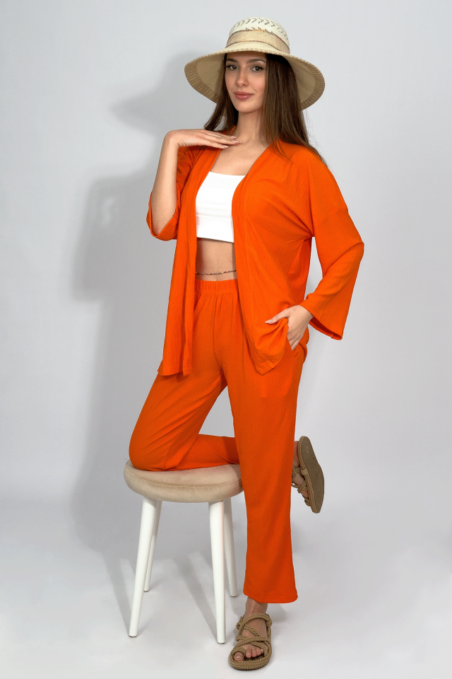 Kadın Pantolonlu Alt Üst İkili Kimono Takım Rahat Kalıp TURUNCU - XL