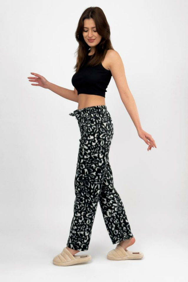 Kadın Polar Pijama Altı Kışlık Lastikli Bel Tek Alt Siyah Leopar - XL
