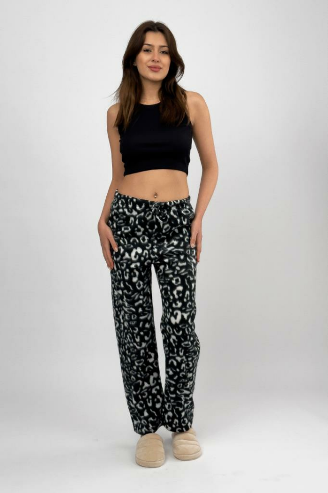 Kadın Polar Pijama Altı Kışlık Lastikli Bel Tek Alt Siyah Leopar - XL