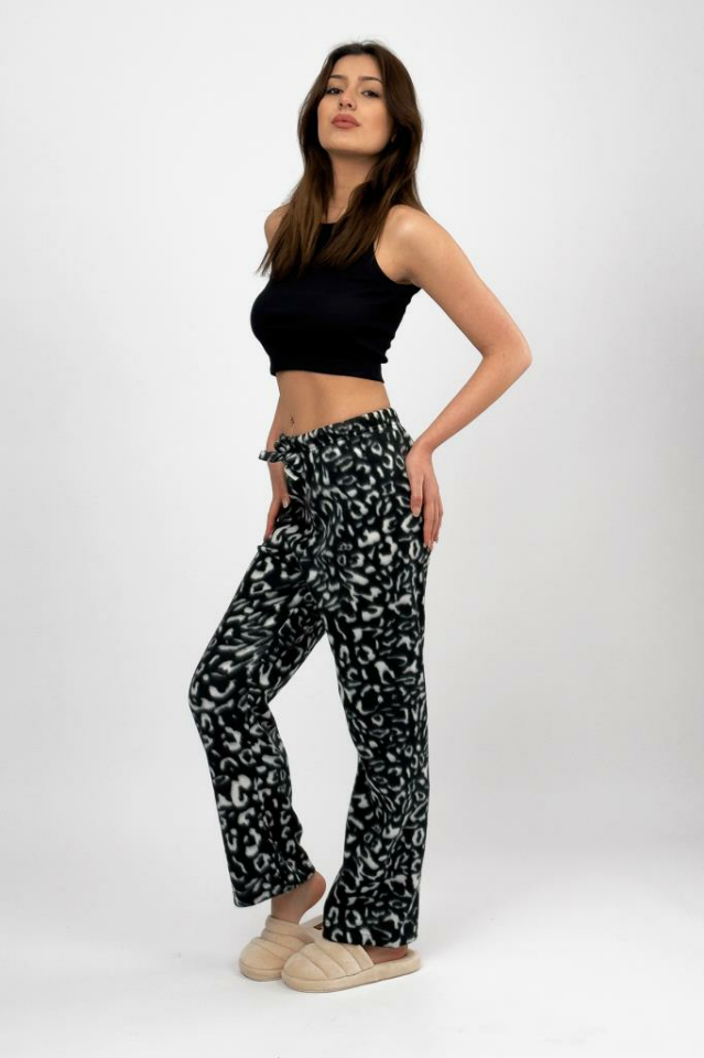 Kadın Polar Pijama Altı Kışlık Lastikli Bel Tek Alt Siyah Leopar - XL