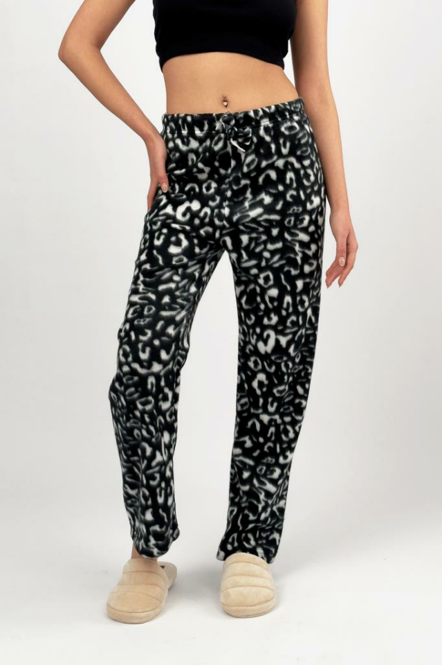 Kadın Polar Pijama Altı Kışlık Lastikli Bel Tek Alt Siyah Leopar - XL