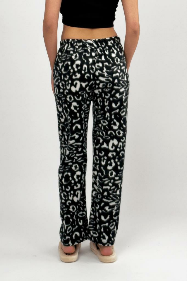 Kadın Polar Pijama Altı Kışlık Lastikli Bel Tek Alt Siyah Leopar - XL