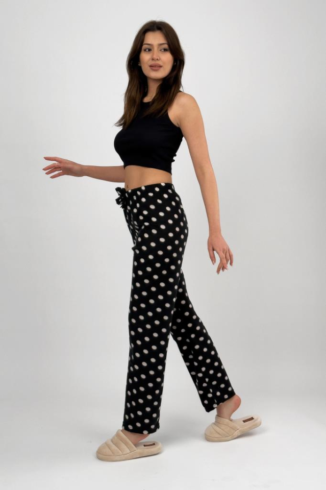 Kadın Polar Pijama Altı Kışlık Lastikli Bel Tek Alt Siyah Noktalı - S