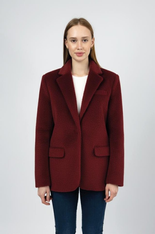 Kadın Peluşlu Kemerli Tüylü Ceket BORDO - L